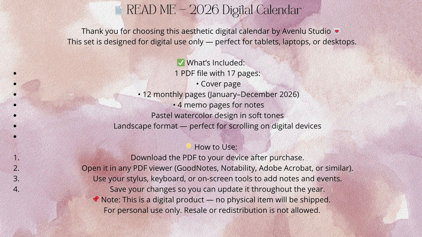 2026 Soft Watercolor Digital Calendar β Landscape PDF Planner