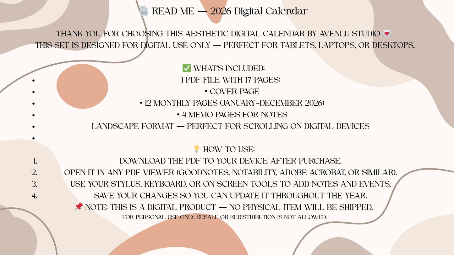 2026 Abstract Shapes Digital Calendar – Landscape Monthly PDF Planner