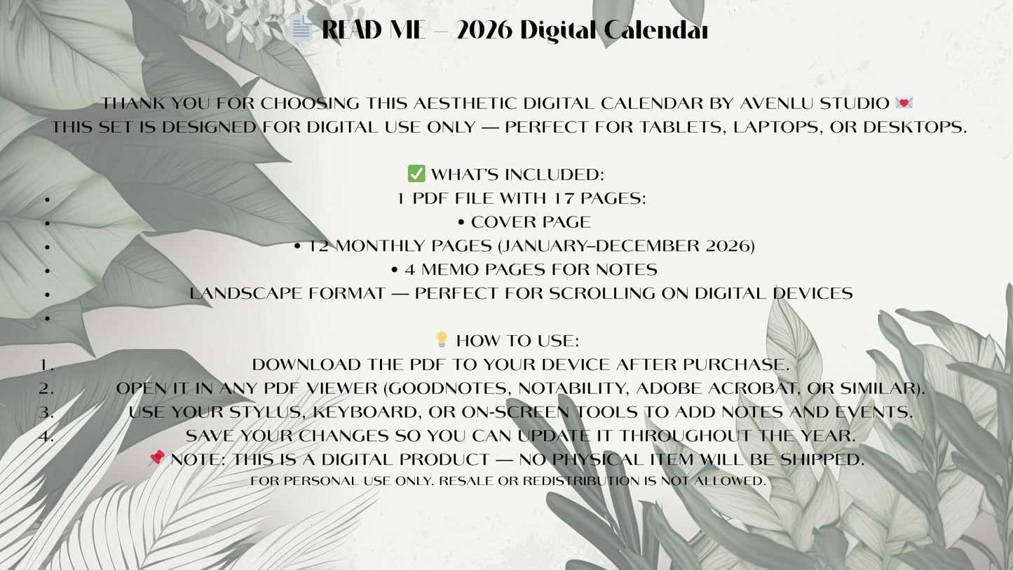 2026 Botanical Minimalist Digital Calendar – Landscape PDF Planner