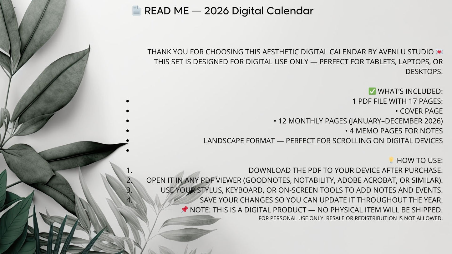 2026 Botanical Minimal Digital Calendar – Landscape PDF Planner