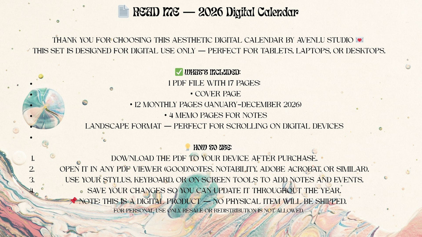 2026 Artistic Watercolor Digital Calendar – Landscape PDF Planner