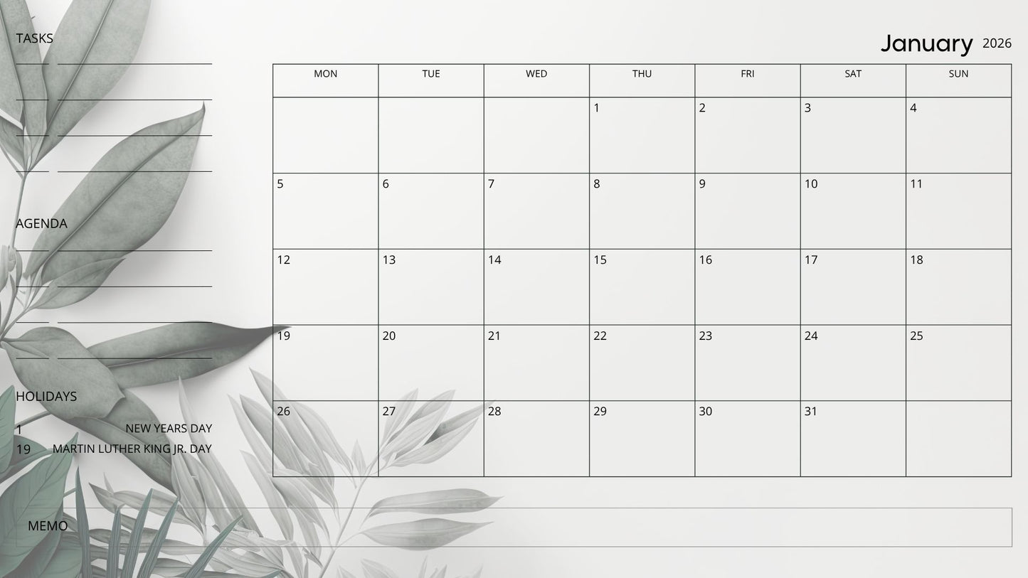 2026 Botanical Minimal Digital Calendar – Landscape PDF Planner