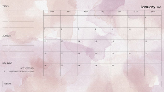 2026 Soft Watercolor Digital Calendar – Landscape PDF Planner