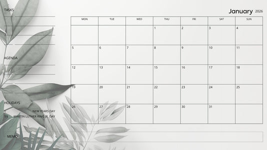 2026 Botanical Minimal Digital Calendar – Landscape PDF Planner